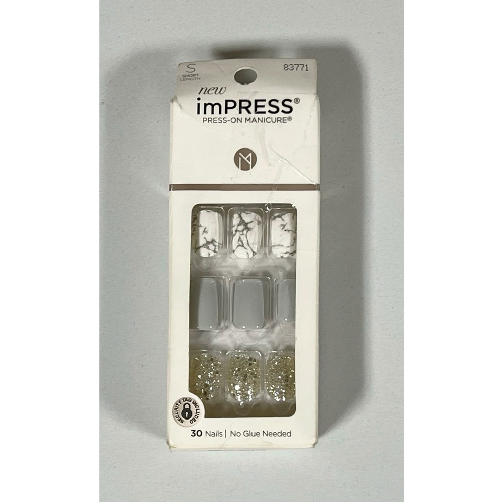 NWT imPRESS Gray Grey Silver Glitter Marble Press-On Manicure Nails Set (Short)